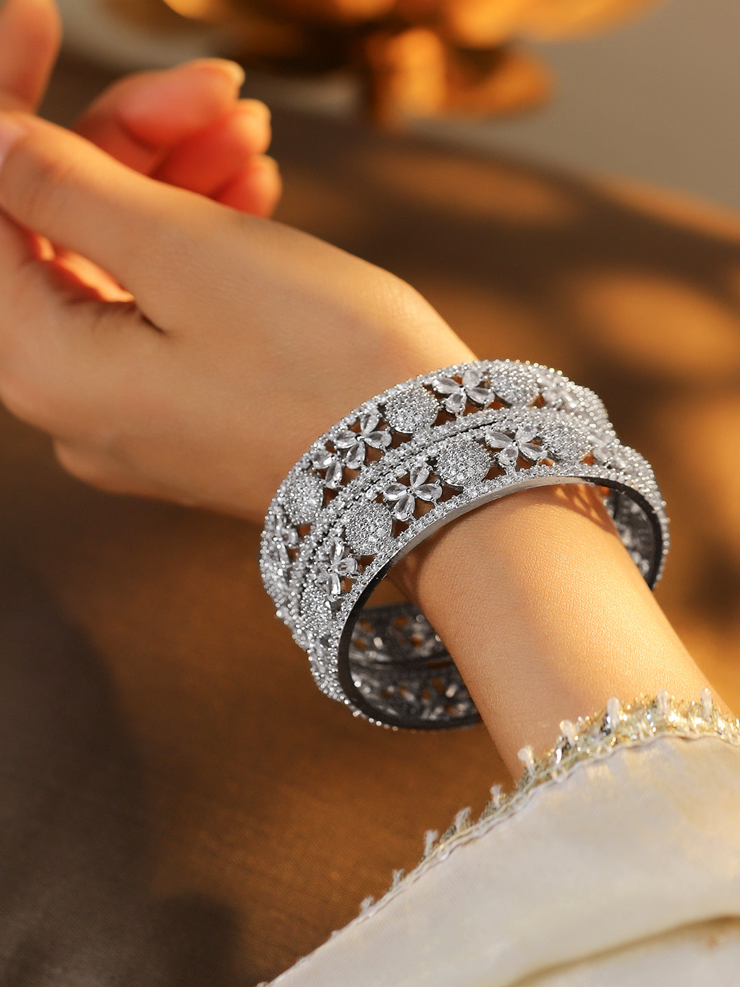 American Diamond Zirconia Studded Floral Design Bangles 2.8 - Large