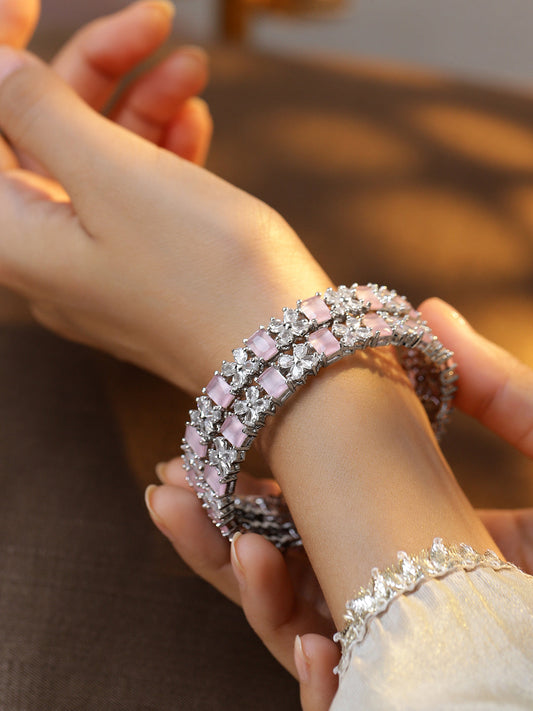 Rubans Set of 2 Rhodium-Plated Pastel Pink & White Cubic Zirconia Studded Bangles 2.4 - Small