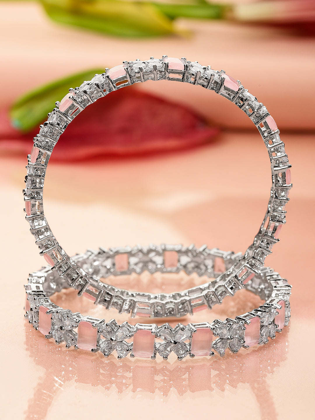 Rubans Set of 2 Rhodium-Plated Pastel Pink & White Cubic Zirconia Studded Bangles 2.6 - Medium