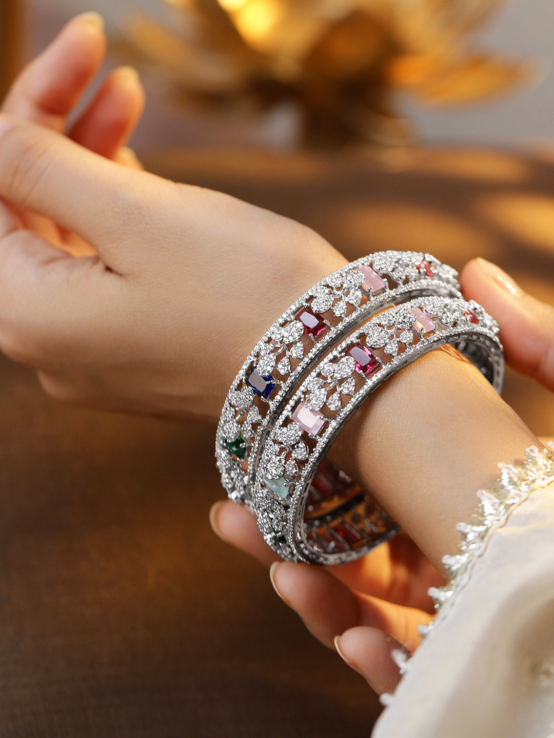 Rubans Set of 2 Rhodium-Plated Multicolor AAA Cubic Zirconia Studded Handcrafted Bangles 2.4 - Small