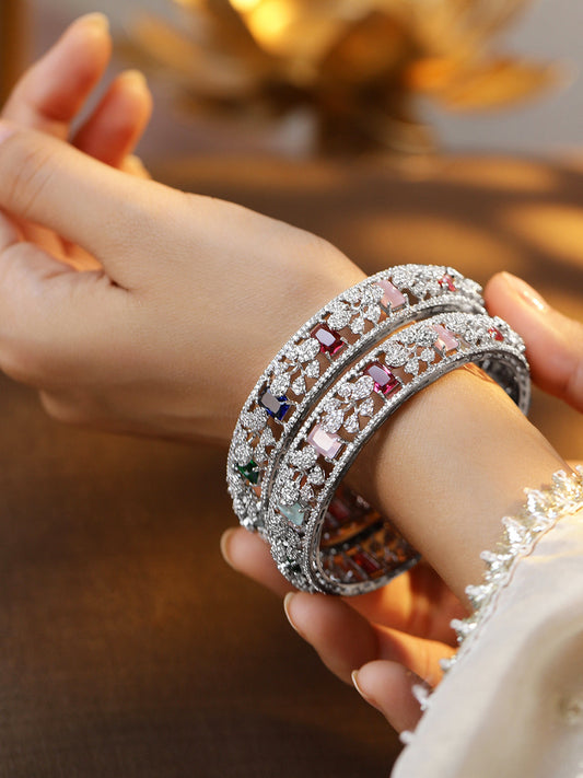 Rubans Set of 2 Rhodium-Plated Multicolor AAA Cubic Zirconia Studded Handcrafted Bangles 2.4 - Small