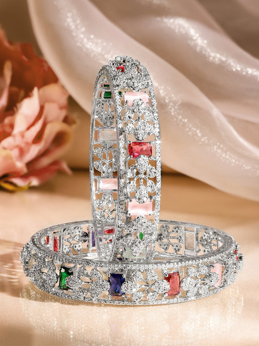 Rubans Set of 2 Rhodium-Plated Multicolor AAA Cubic Zirconia Studded Handcrafted Bangles 2.6 - Medium