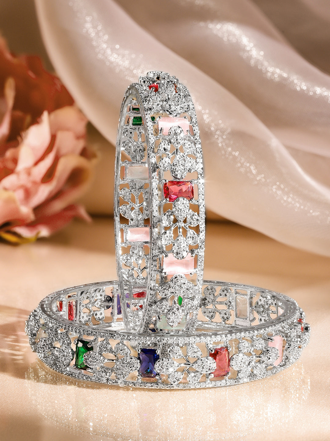 Rubans Set of 2 Rhodium-Plated Multicolor AAA Cubic Zirconia Studded Handcrafted Bangles 2.4 - Small