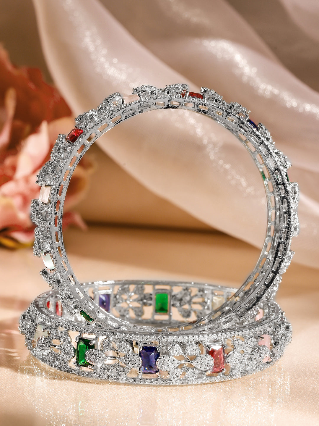 Rubans Set of 2 Rhodium-Plated Multicolor AAA Cubic Zirconia Studded Handcrafted Bangles 2.8 - Large