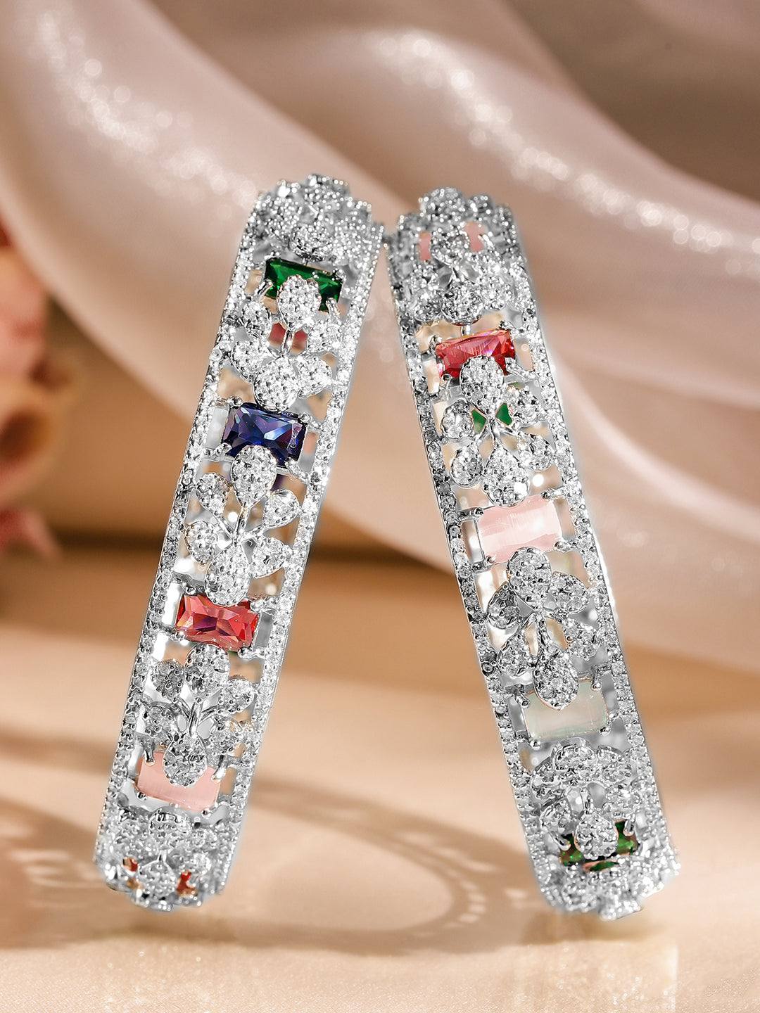 Rubans Set of 2 Rhodium-Plated Multicolor AAA Cubic Zirconia Studded Handcrafted Bangles 2.4 - Small