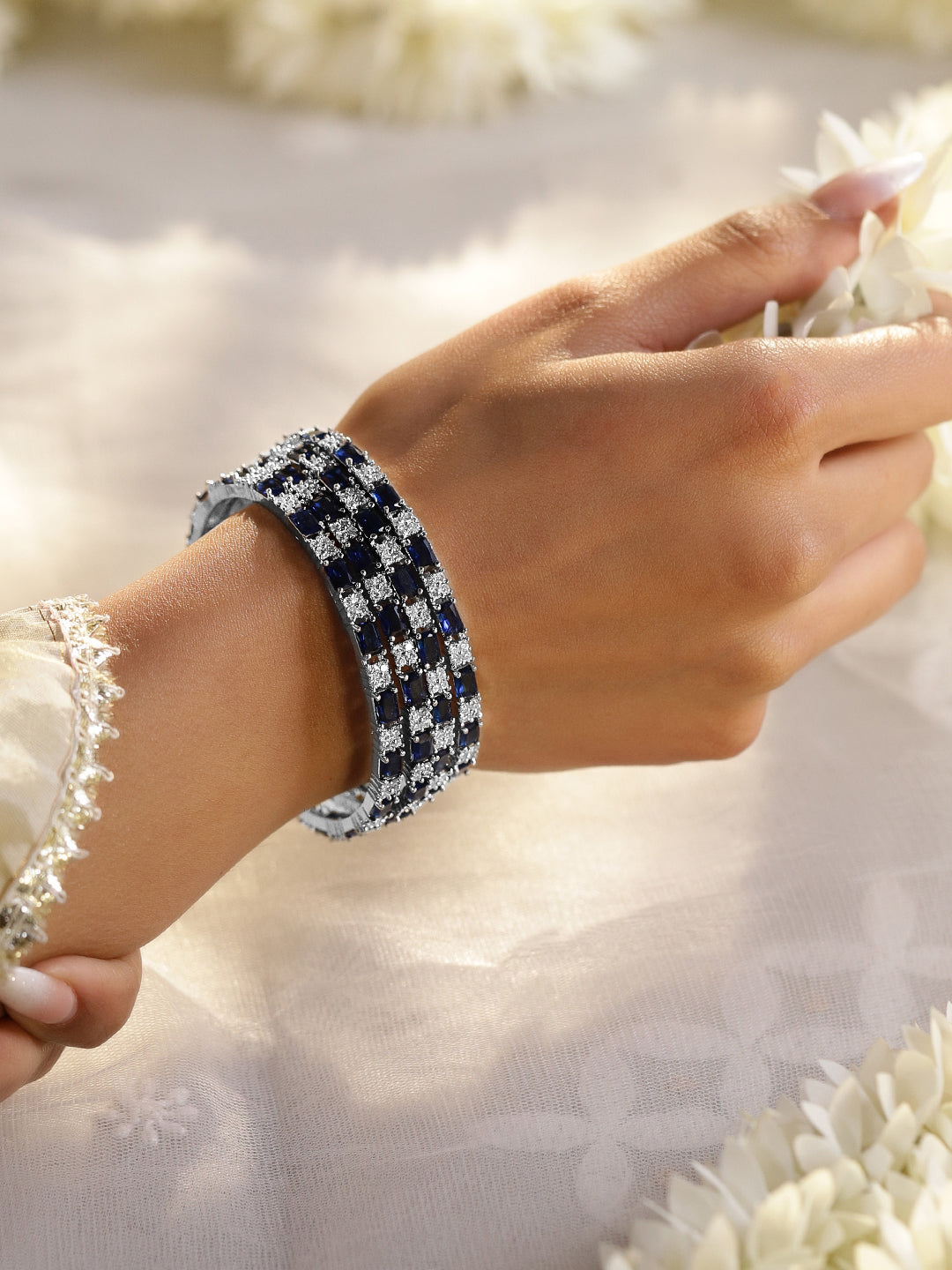 Rubans Set of 4 Rhodium-Plated Blue Sapphire & Cubic Zirconia Studded Premium Bangles 2.4 - Small