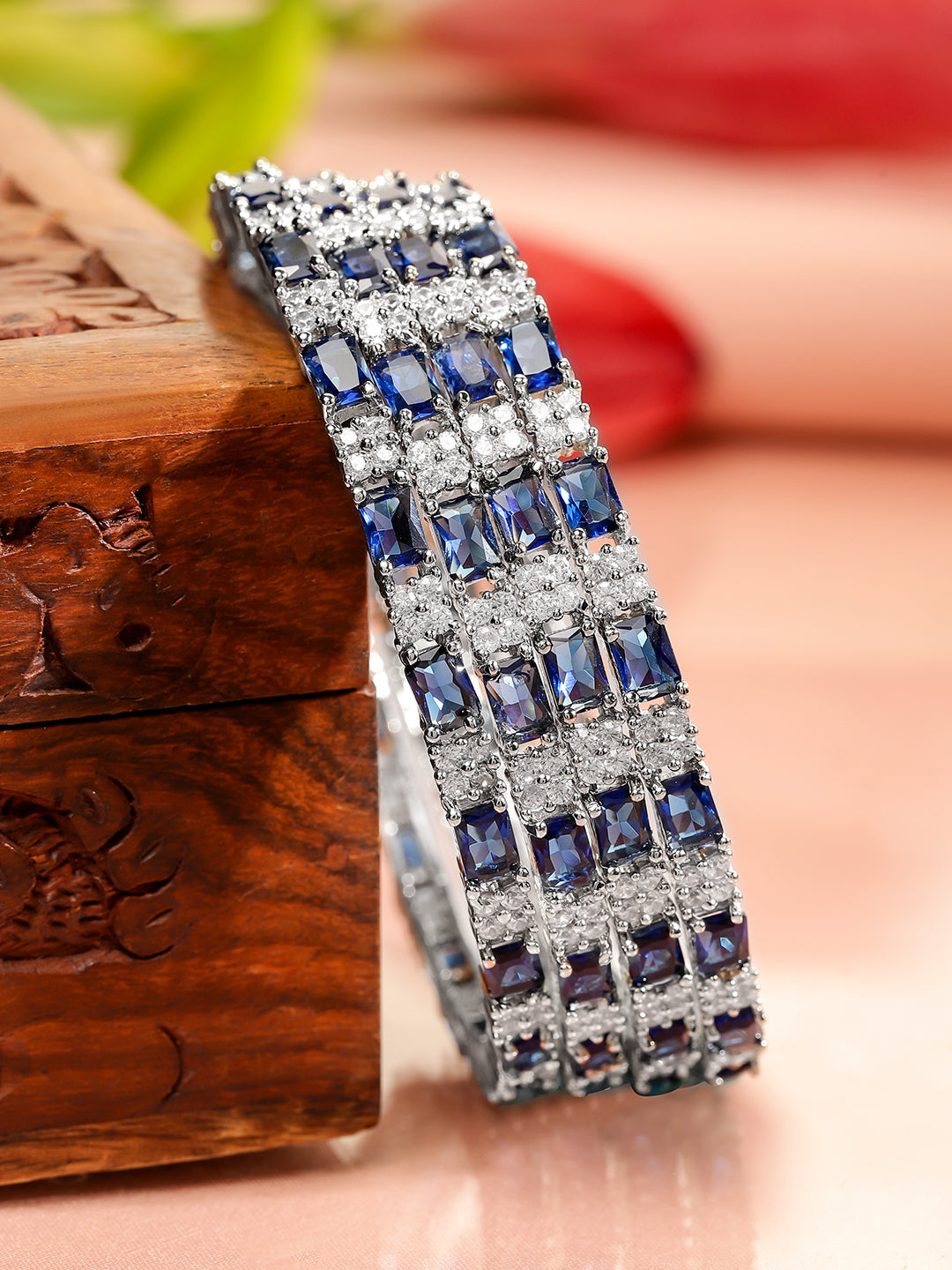 Rubans Set of 4 Rhodium-Plated Blue Sapphire & Cubic Zirconia Studded Premium Bangles 2.4 - Small