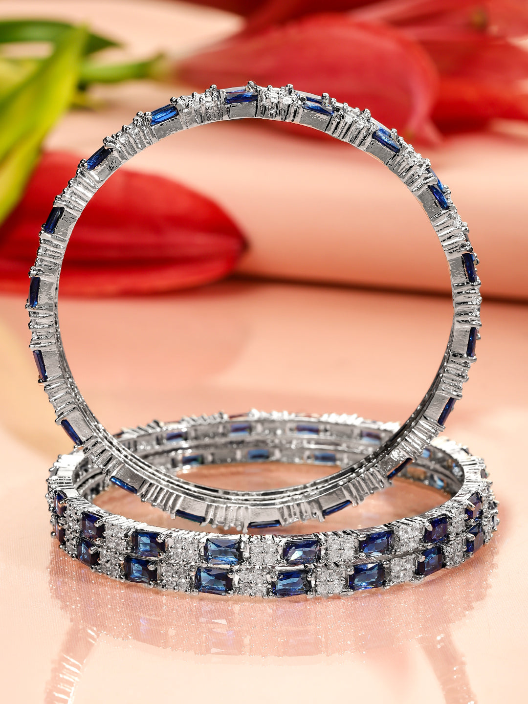 Rubans Set of 4 Rhodium-Plated Blue Sapphire & Cubic Zirconia Studded Premium Bangles 2.4 - Small