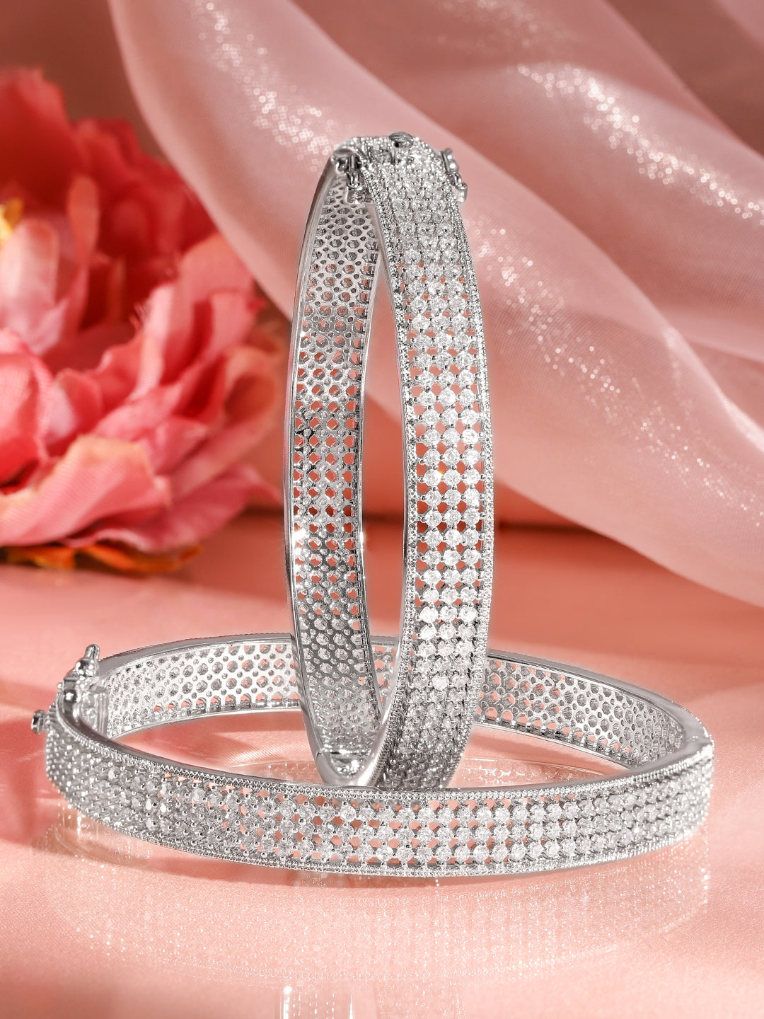 Rubans Set of 2 Rhodium-Plated AAA Cubic Zirconia Studded Handcrafted Openable Bangles 2.4 - Small