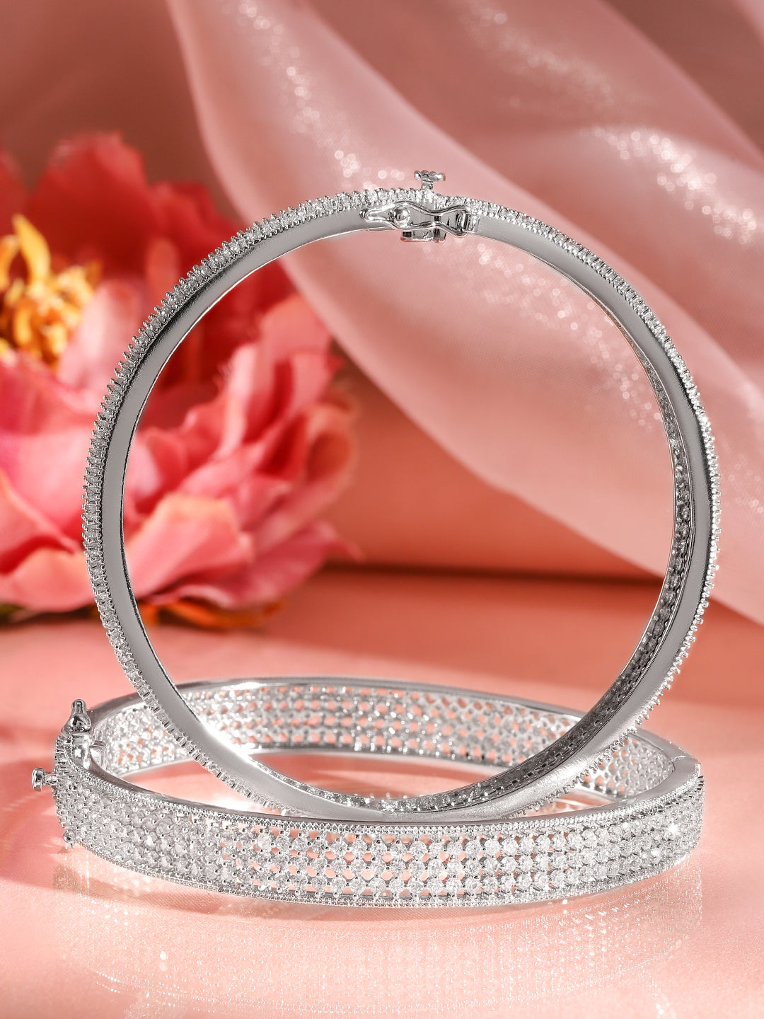 Rubans Set of 2 Rhodium-Plated AAA Cubic Zirconia Studded Handcrafted Openable Bangles 2.4 - Small