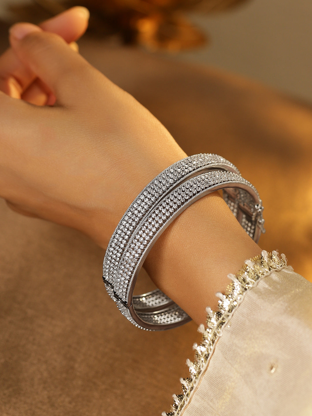 Rubans Set of 2 Rhodium-Plated AAA Cubic Zirconia Studded Handcrafted Openable Bangles 2.4 - Small