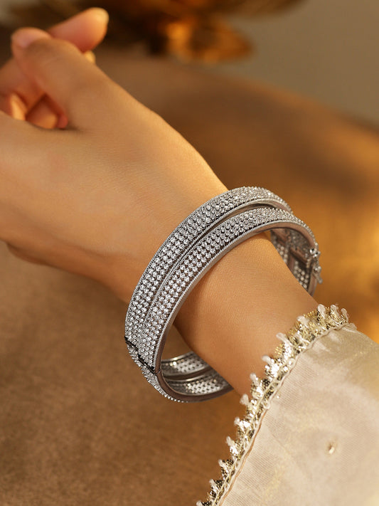 Rubans Set of 2 Rhodium-Plated AAA Cubic Zirconia Studded Handcrafted Openable Bangles 2.4 - Small