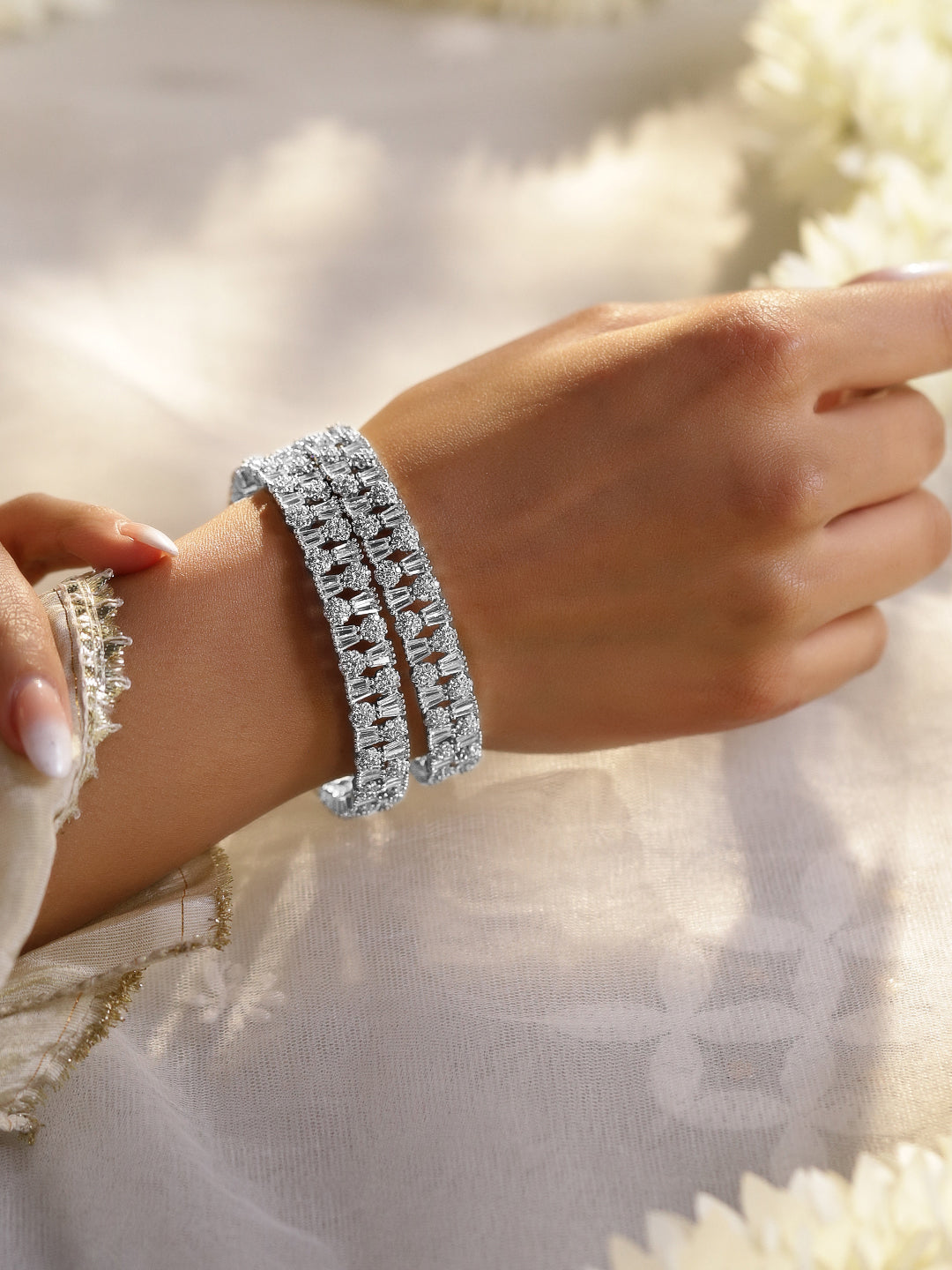 Rubans Set of 2 Rhodium-Plated AAA Cubic Zirconia Studded Handcrafted Premium Bangles 2.4 - Small