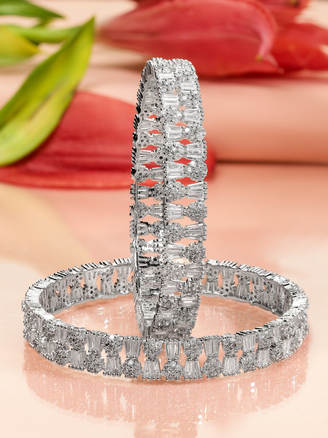 Rubans Set of 2 Rhodium-Plated AAA Cubic Zirconia Studded Handcrafted Premium Bangles 2.4 - Small