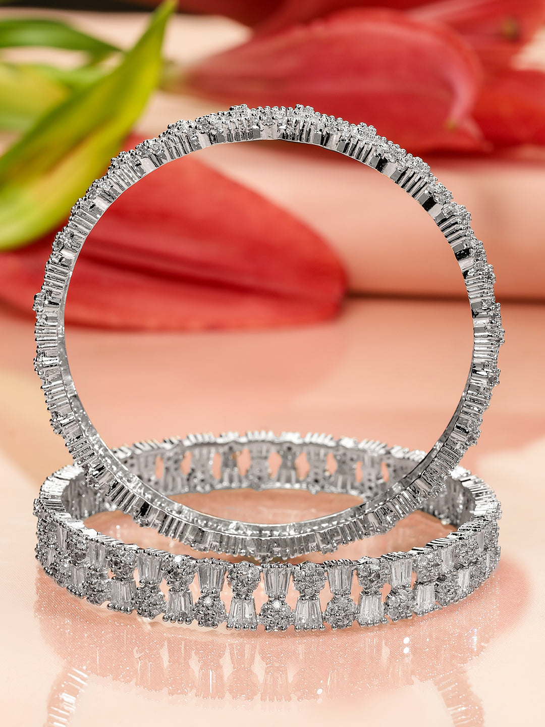 Rubans Set of 2 Rhodium-Plated AAA Cubic Zirconia Studded Handcrafted Premium Bangles 2.6 - Medium