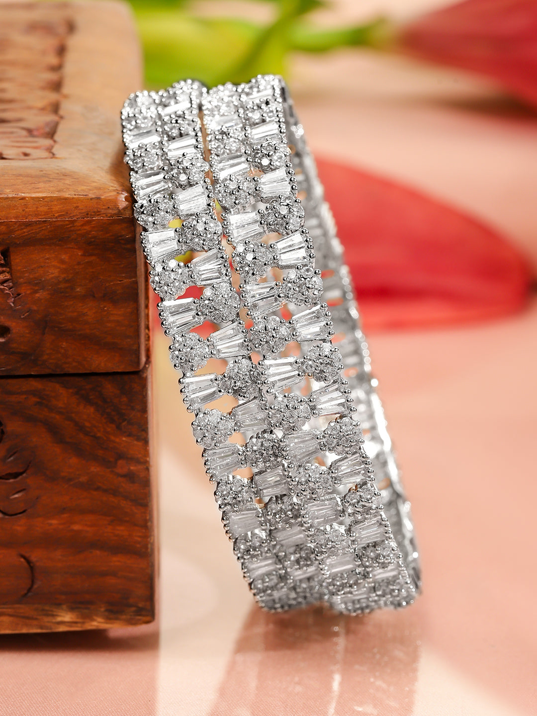 Rubans Set of 2 Rhodium-Plated AAA Cubic Zirconia Studded Handcrafted Premium Bangles 2.8 - Large