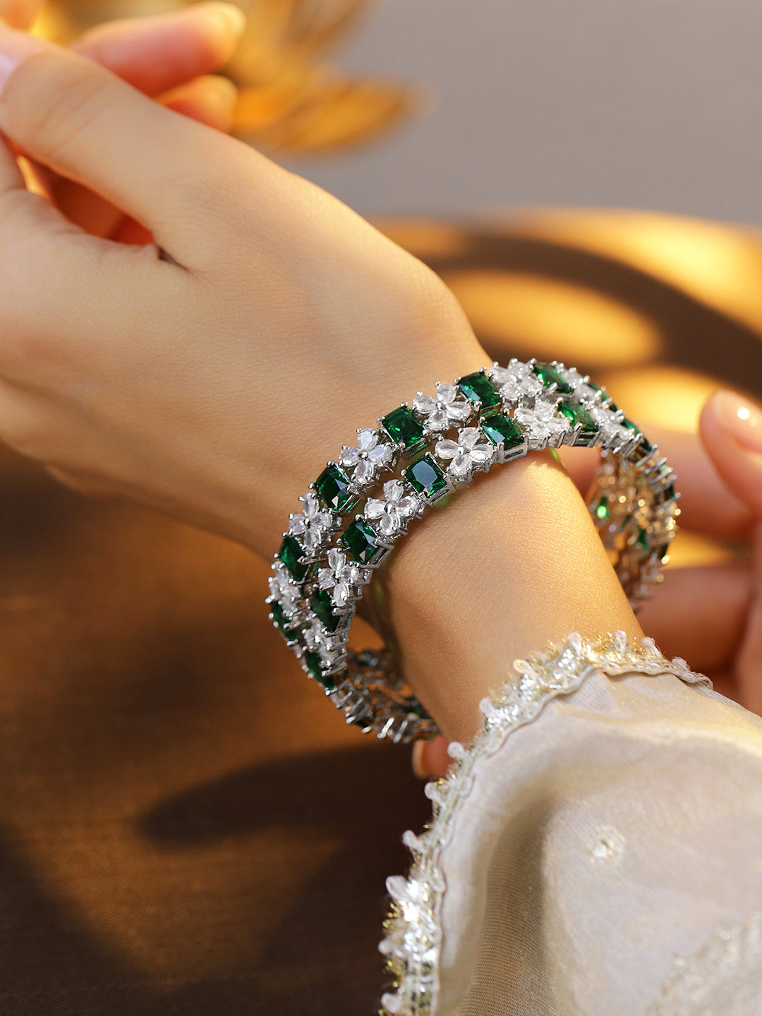 Rubans Set of 2 Rhodium-Plated Emerald Green & White Cubic Zirconia Studded Bangles 2.4 - Small