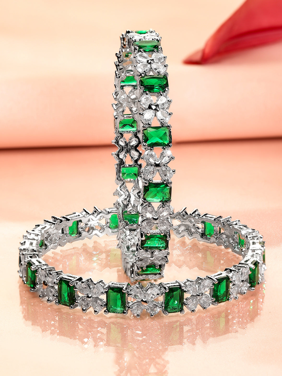 Rubans Set of 2 Rhodium-Plated Emerald Green & White Cubic Zirconia Studded Bangles 2.4 - Small