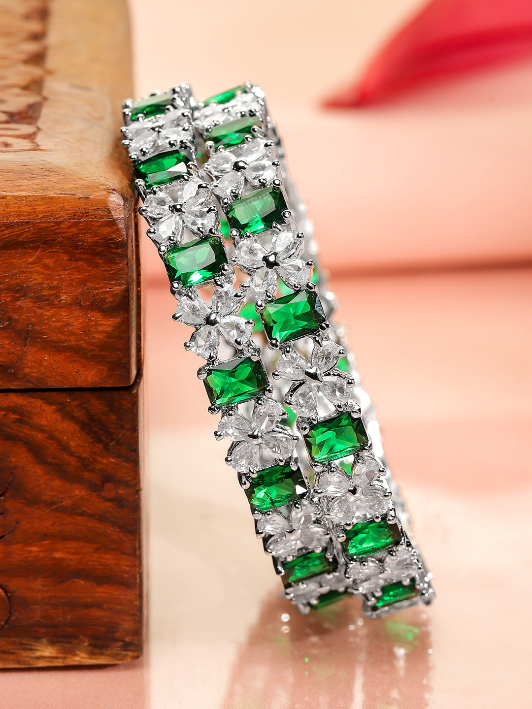 Rubans Set of 2 Rhodium-Plated Emerald Green & White Cubic Zirconia Studded Bangles 2.6 - Medium