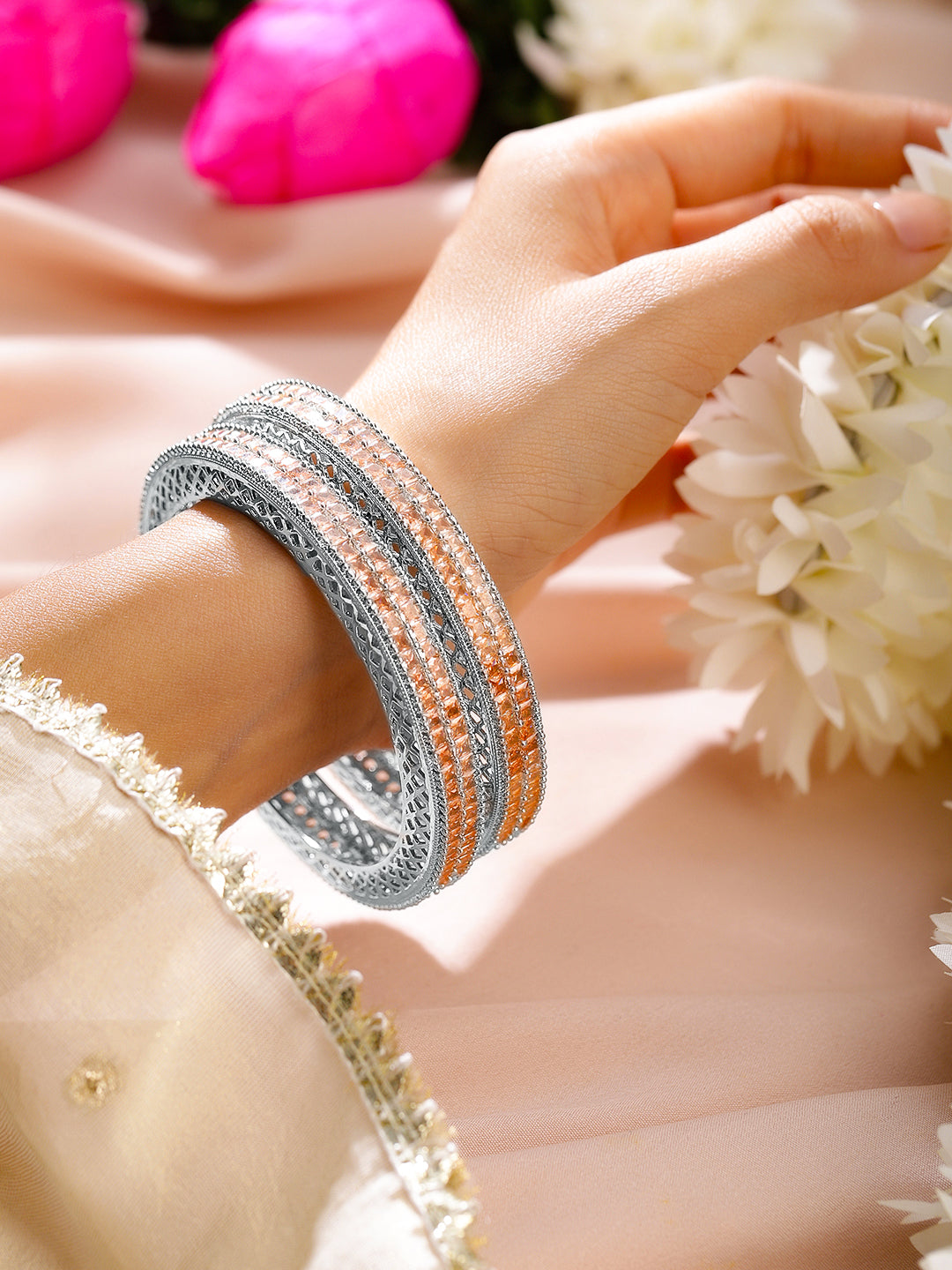 Dual Toned Silver Finish Bangles 2.6 - Medium