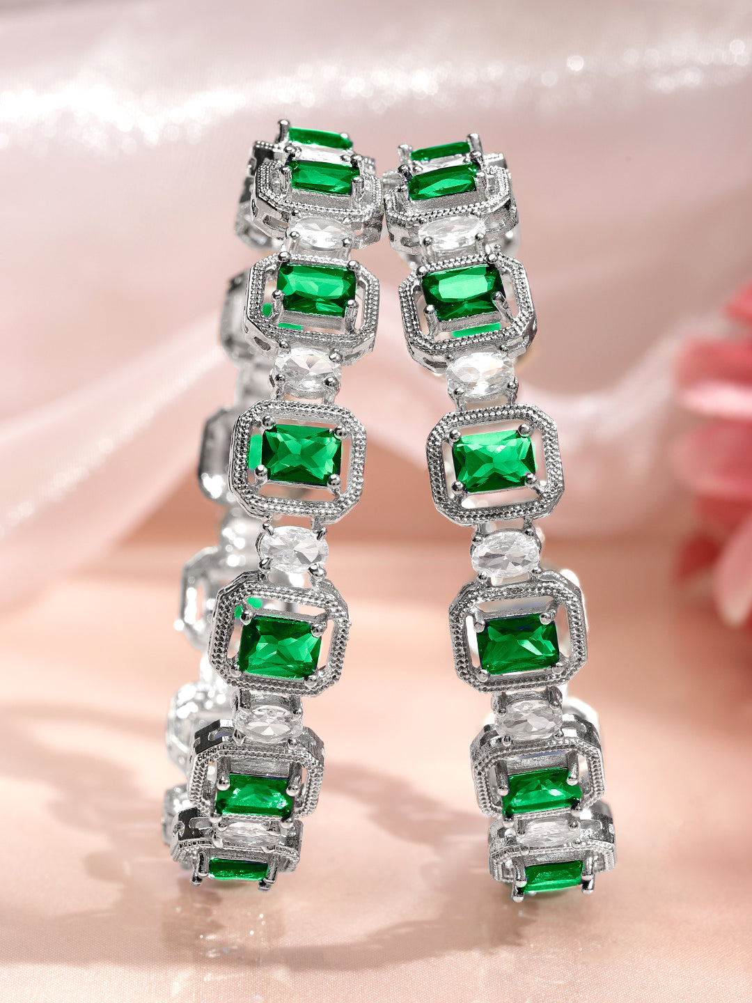 Rubans Set of 2 Rhodium-Plated Emerald Green & White Cubic Zirconia Studded Floral Bangles 2.4 - Small