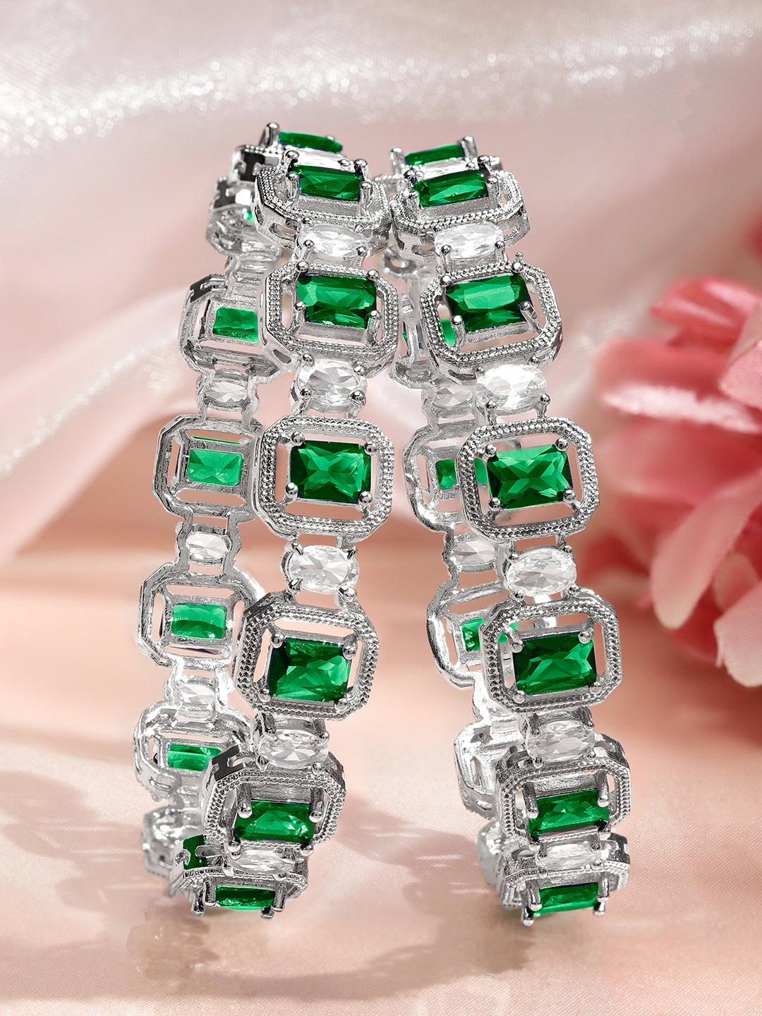 Rubans Set of 2 Rhodium-Plated Emerald Green & White Cubic Zirconia Studded Floral Bangles 2.4 - Small