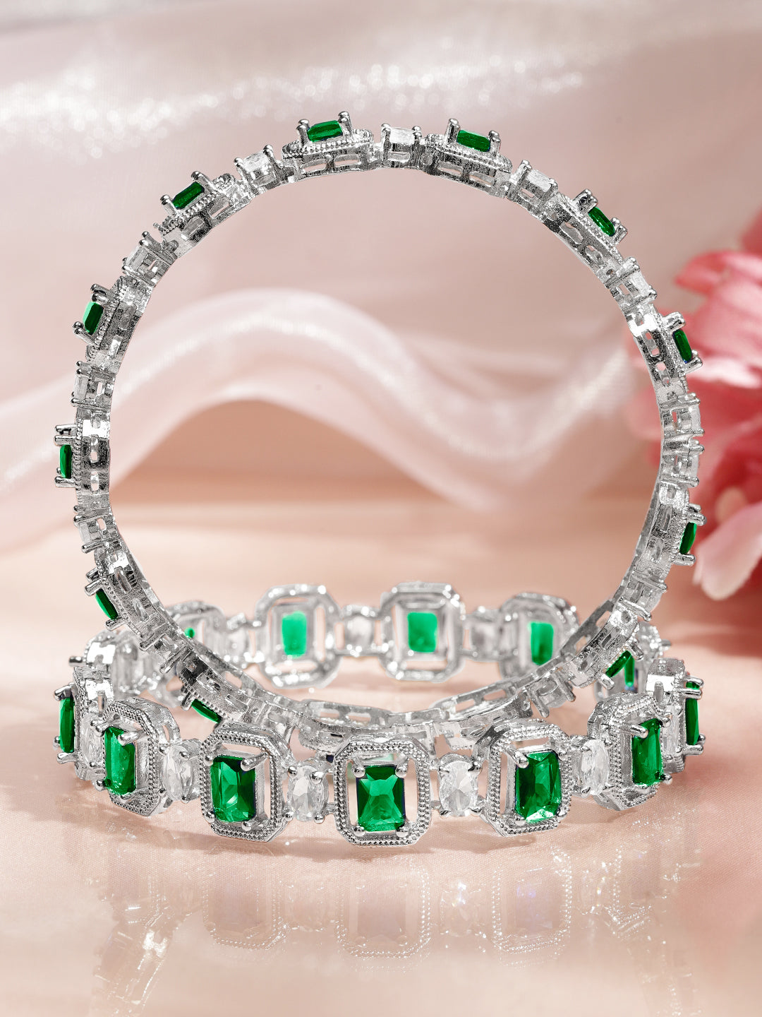 Rubans Set of 2 Rhodium-Plated Emerald Green & White Cubic Zirconia Studded Floral Bangles 2.6 - Medium
