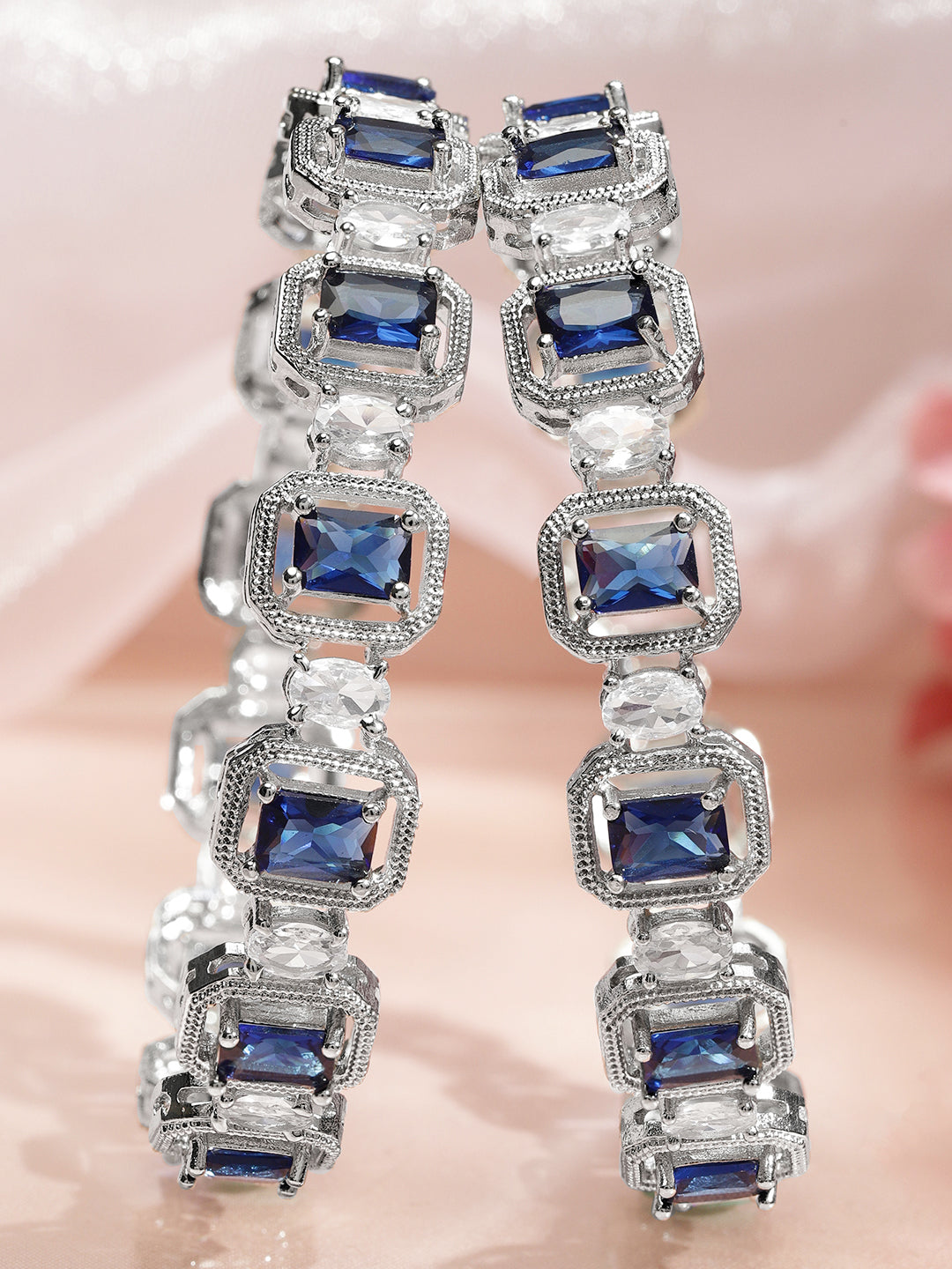 Rubans Set of 2 Rhodium-Plated Blue Sapphire & White Zirconia Studded Designer Bangles 2.4 - Small