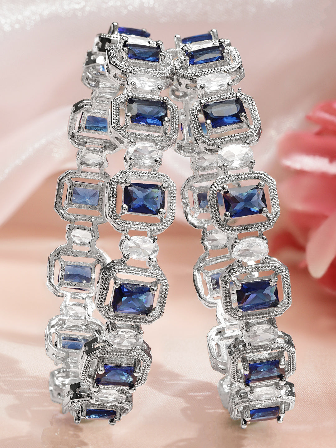 Rubans Set of 2 Rhodium-Plated Blue Sapphire & White Zirconia Studded Designer Bangles 2.4 - Small