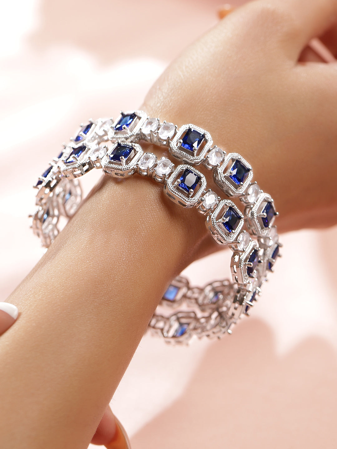 Rubans Set of 2 Rhodium-Plated Blue Sapphire & White Zirconia Studded Designer Bangles 2.6 - Medium