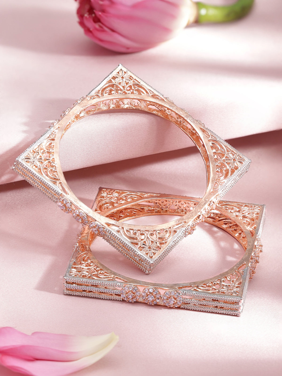 Rubans Set Of 2 Rose Gold-Plated Cubic Zirconia Stone Studded Handcrafted Bangle 2.4 - Small