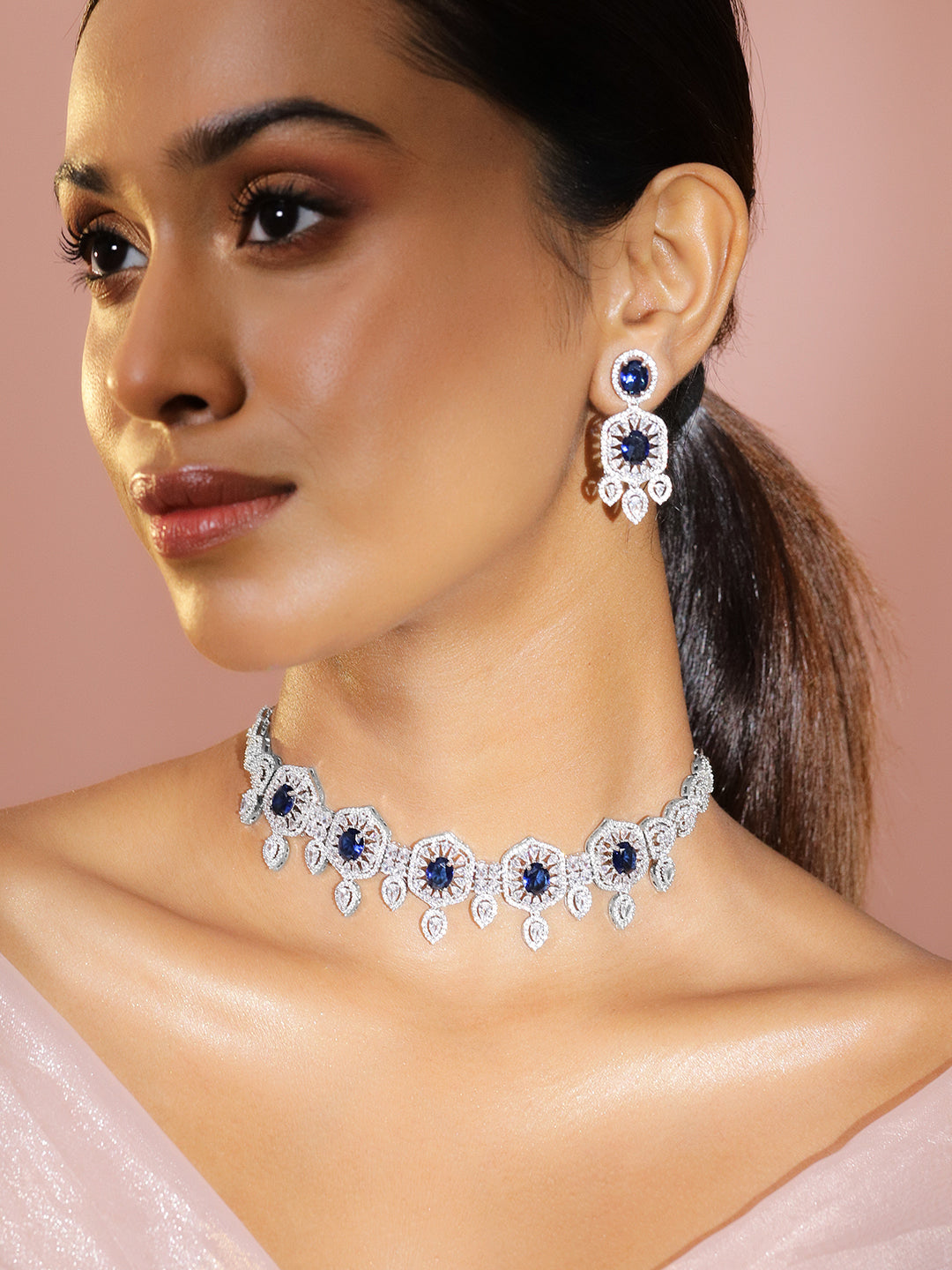 American Diamond Zirconia Blue Choker Set フリーサイズ