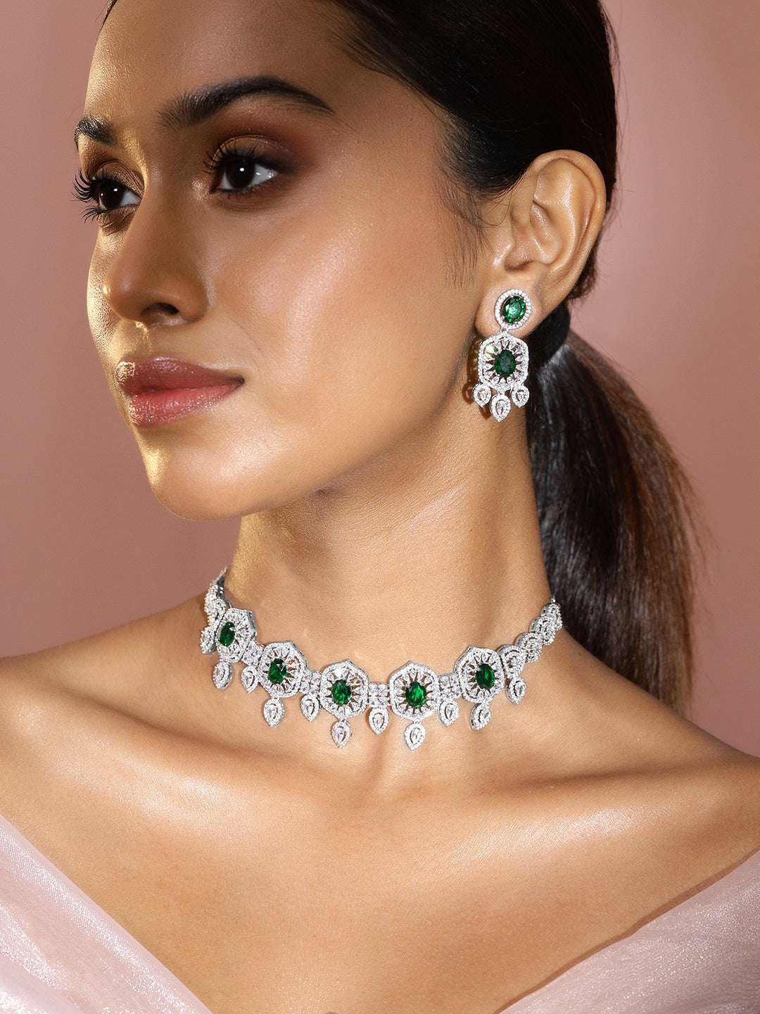 Green Choker Set with American Diamond Zirconia フリーサイズ