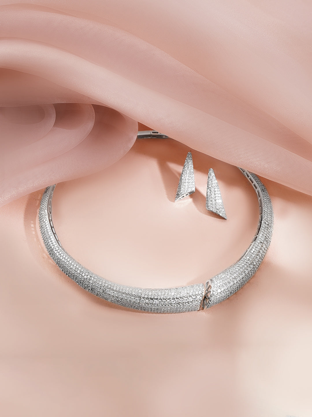 【Rubans】 Rhodium Plated Cubic Zirconia Statement Collar Necklace Set｜ロジウムメッキ キュービックジルコニア ステートメント カラーネックレスセット