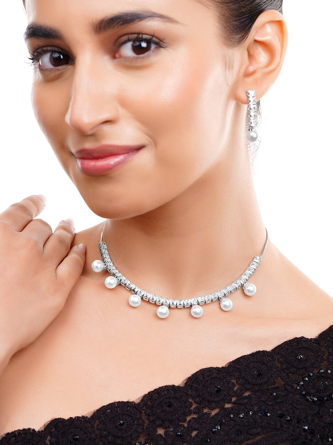 【Rubans】 Rhodium Plated American Diamond Pearl Drop Statement Necklace Set｜ロジウムメッキ アメリカンダイヤモンド パールドロップ ステートメント ネックレスセット