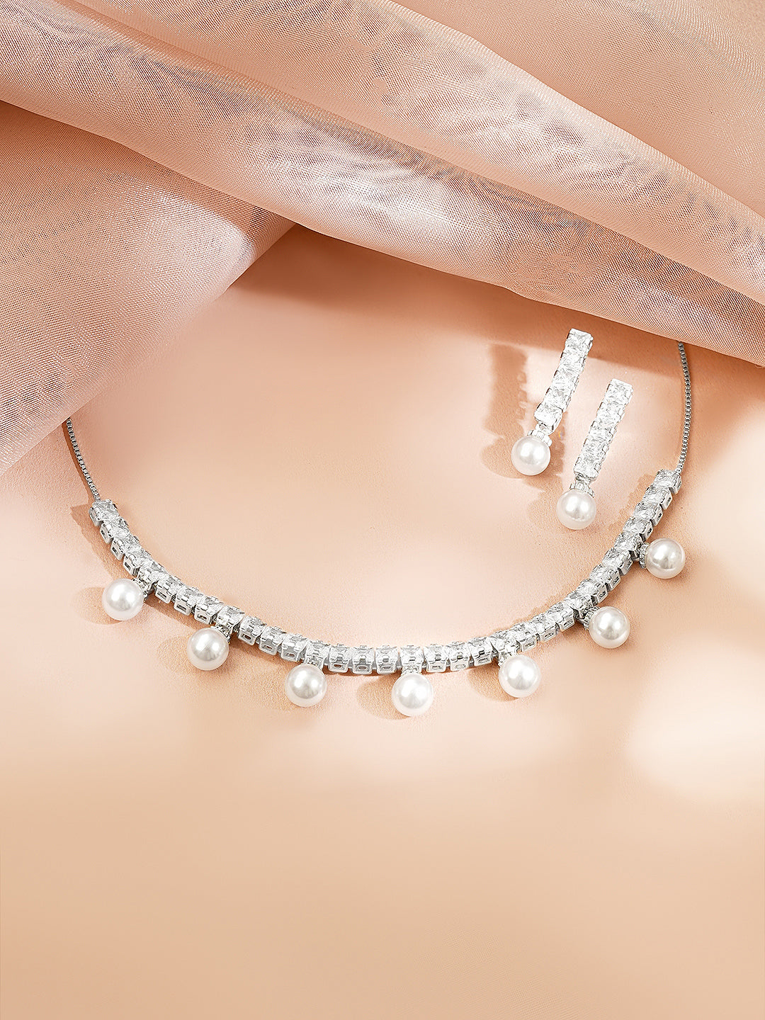 【Rubans】 Rhodium Plated American Diamond Pearl Drop Statement Necklace Set｜ロジウムメッキ アメリカンダイヤモンド パールドロップ ステートメント ネックレスセット