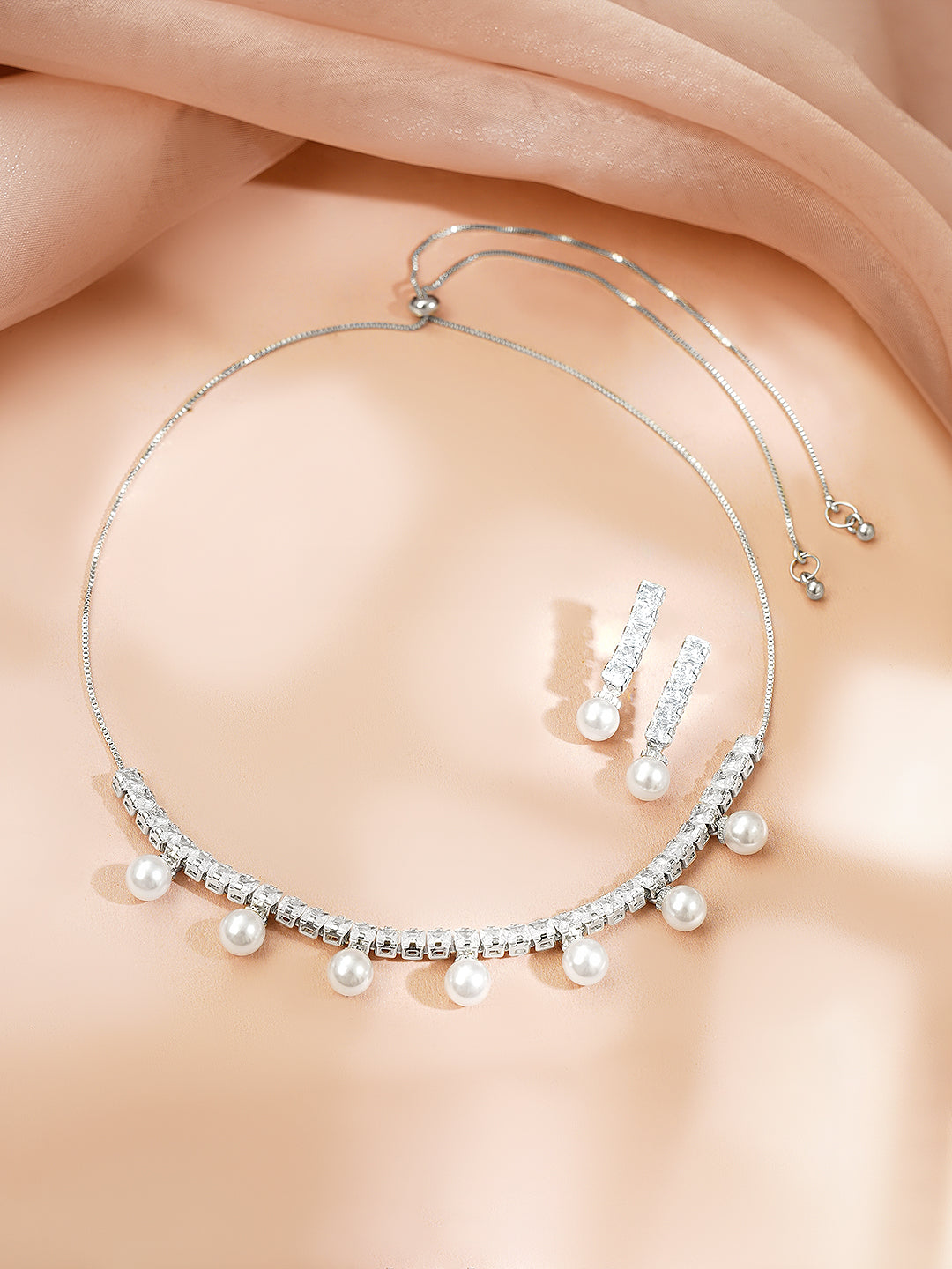 【Rubans】 Rhodium Plated American Diamond Pearl Drop Statement Necklace Set｜ロジウムメッキ アメリカンダイヤモンド パールドロップ ステートメント ネックレスセット