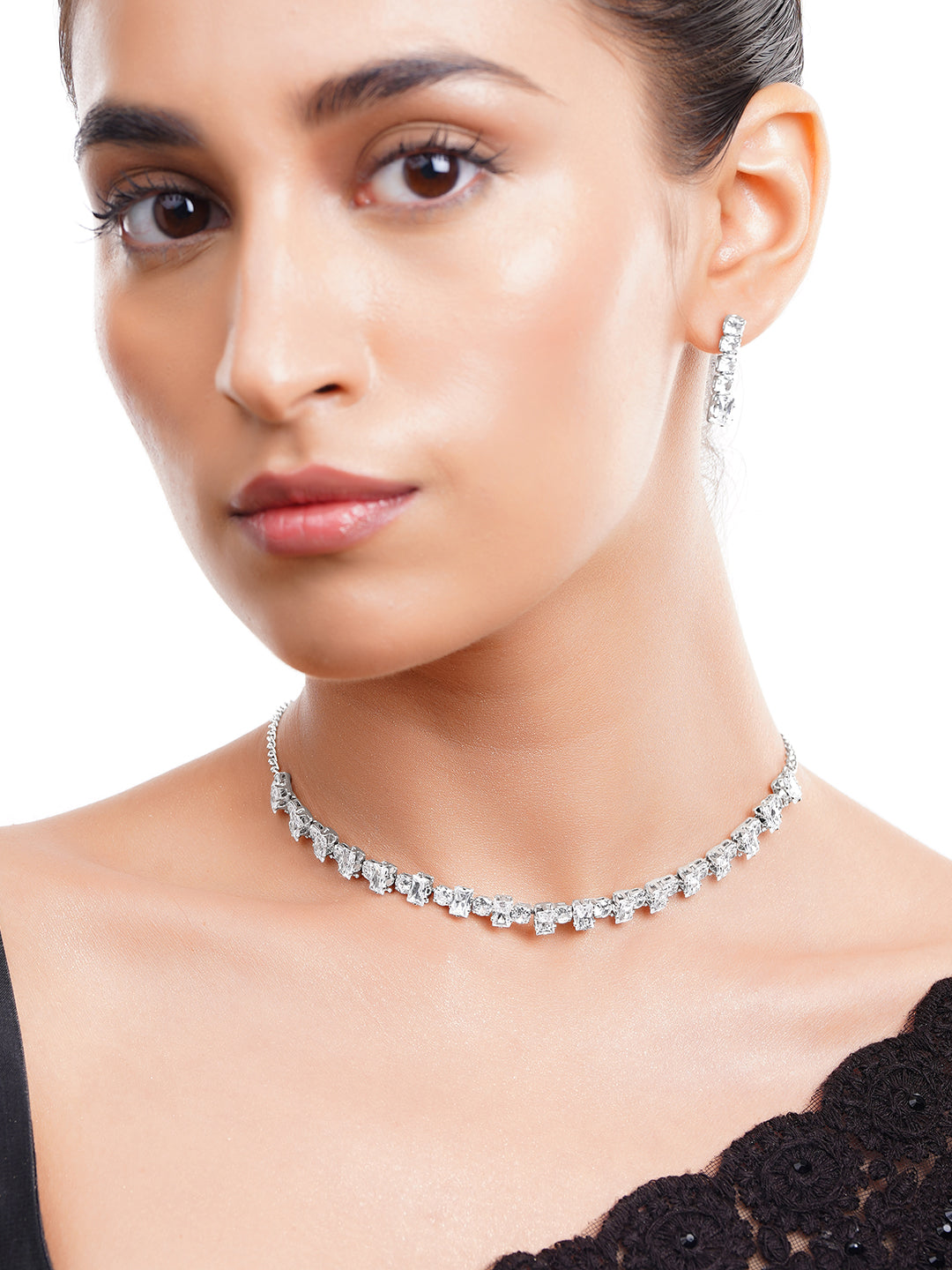 【Rubans】 Rhodium Plated Crystal Baguette Choker Necklace Set｜ロジウムメッキ クリスタル バゲット チョーカー ネックレスセット