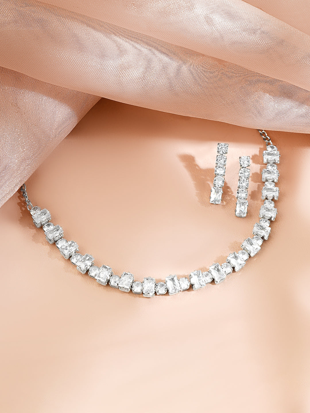 【Rubans】 Rhodium Plated Crystal Baguette Choker Necklace Set｜ロジウムメッキ クリスタル バゲット チョーカー ネックレスセット
