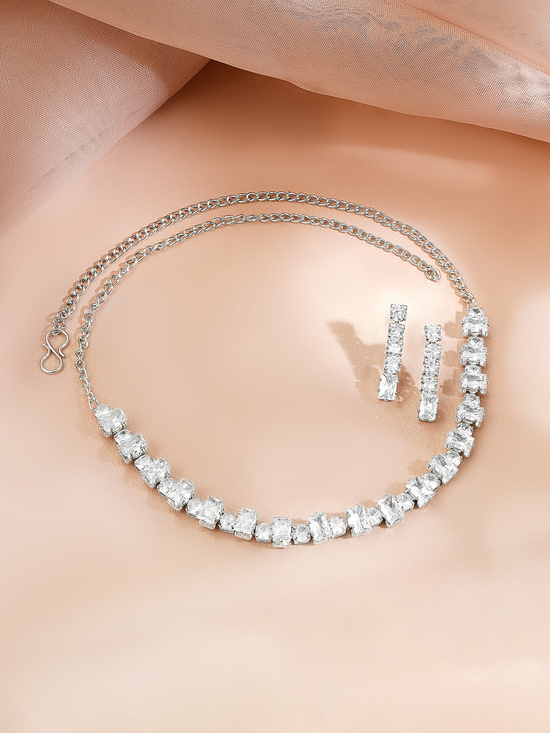 【Rubans】 Rhodium Plated Crystal Baguette Choker Necklace Set｜ロジウムメッキ クリスタル バゲット チョーカー ネックレスセット