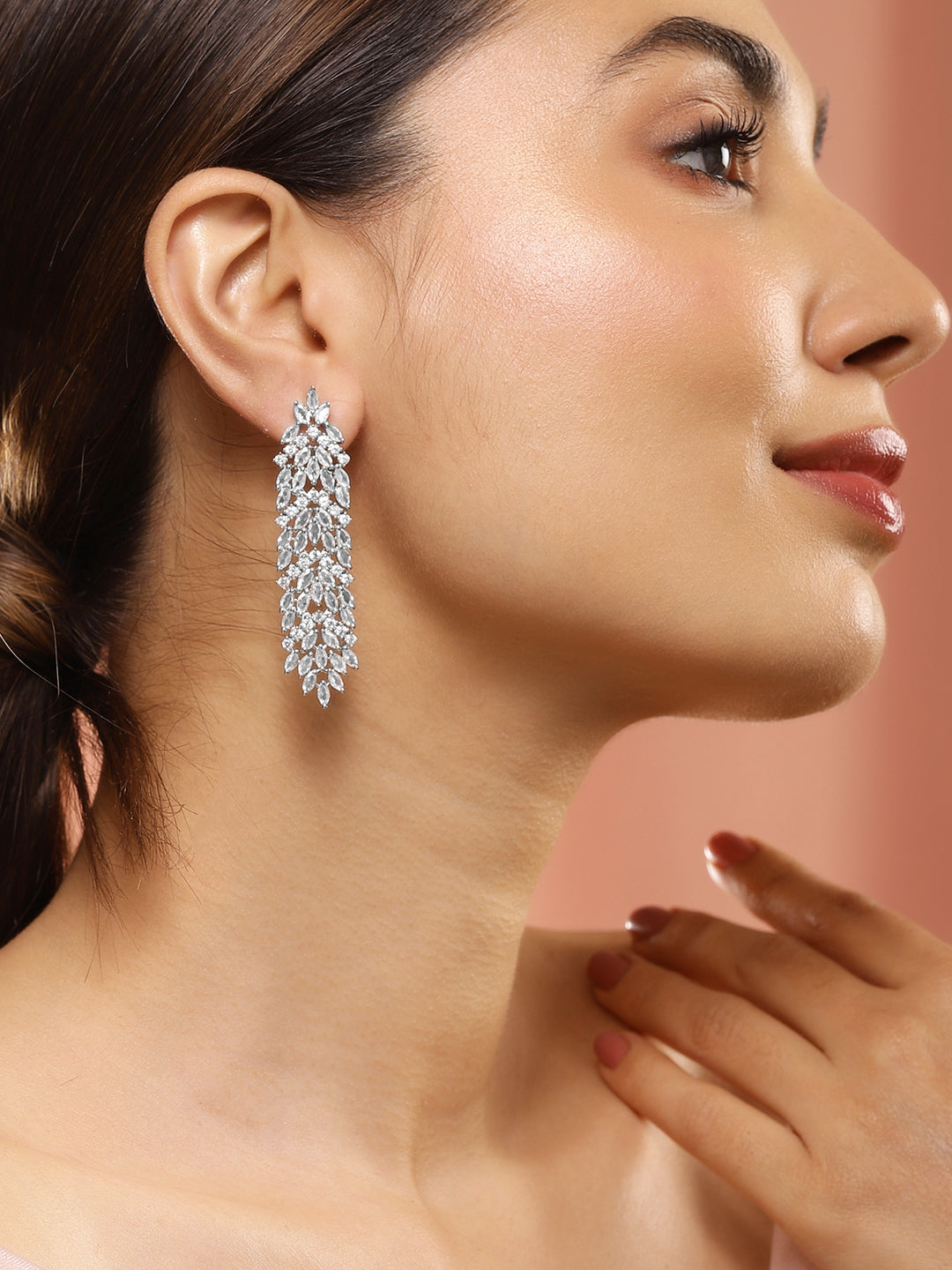 Rubans Silver-Plated AAA Cubic Zirconia Studded Premium Long Drop Earrings Silver