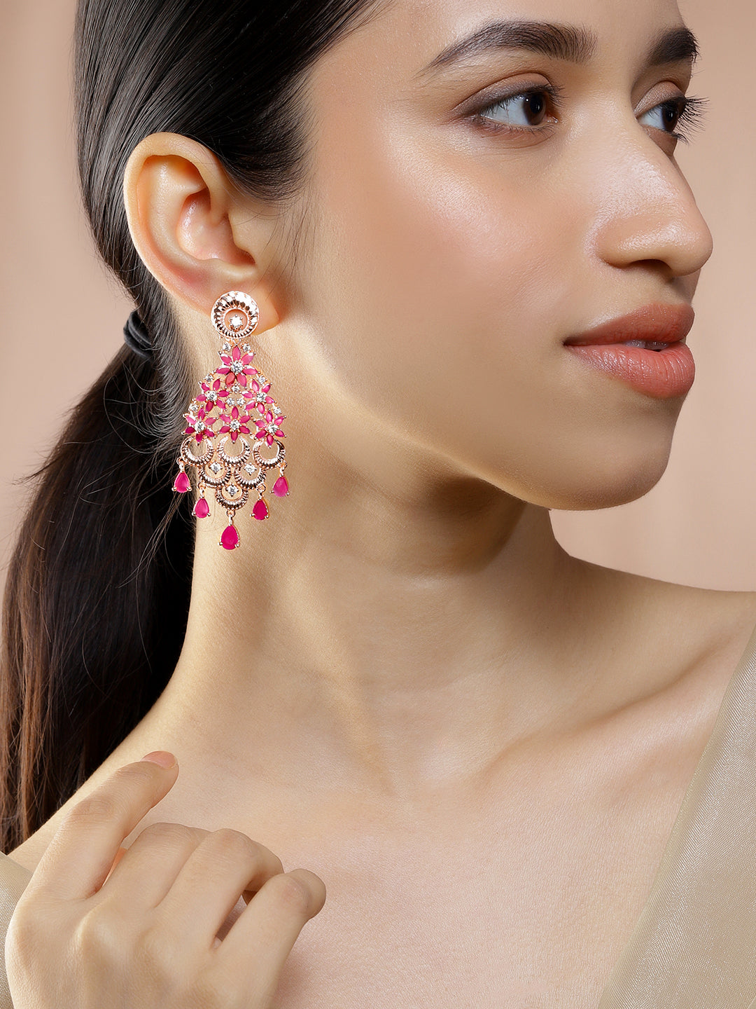 Royal Heritage Pink American Diamond Zirconia Danglers ruby