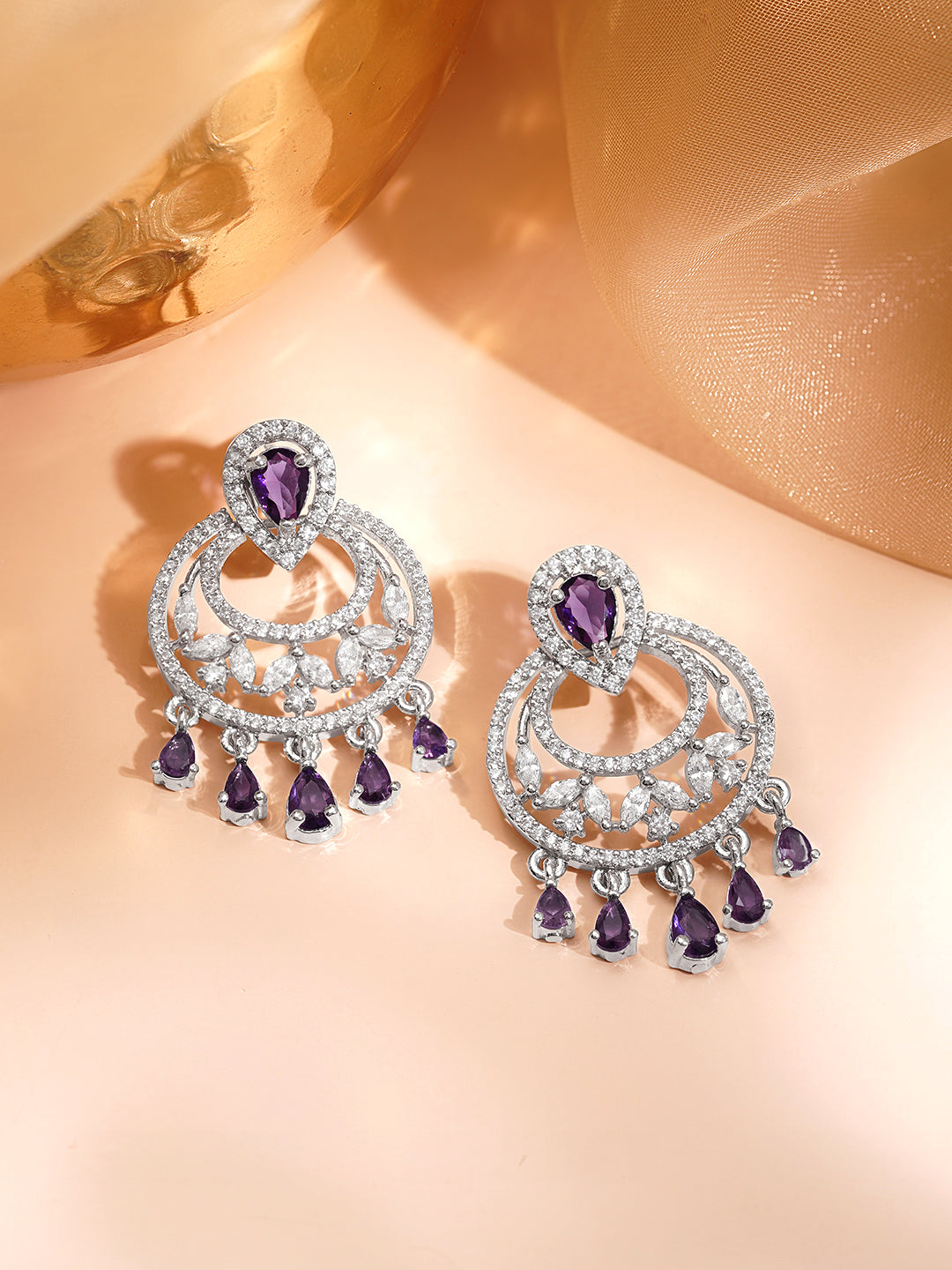 Purple Sparkle Silver CZ Chandelier Earrings フリーサイズ