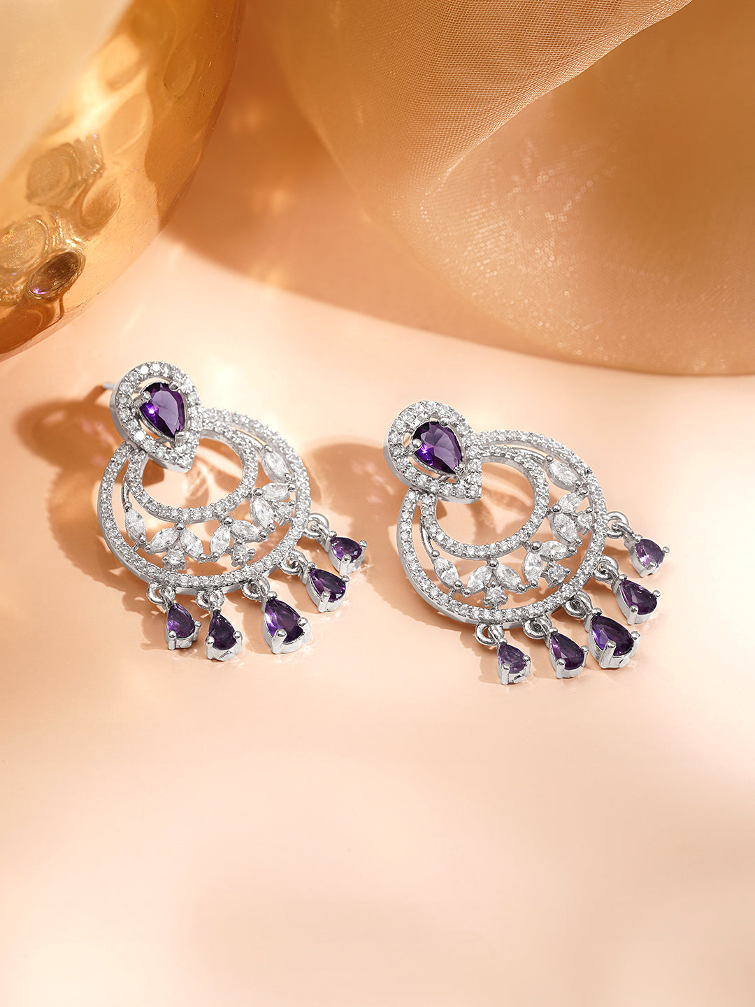 Purple Sparkle Silver CZ Chandelier Earrings フリーサイズ