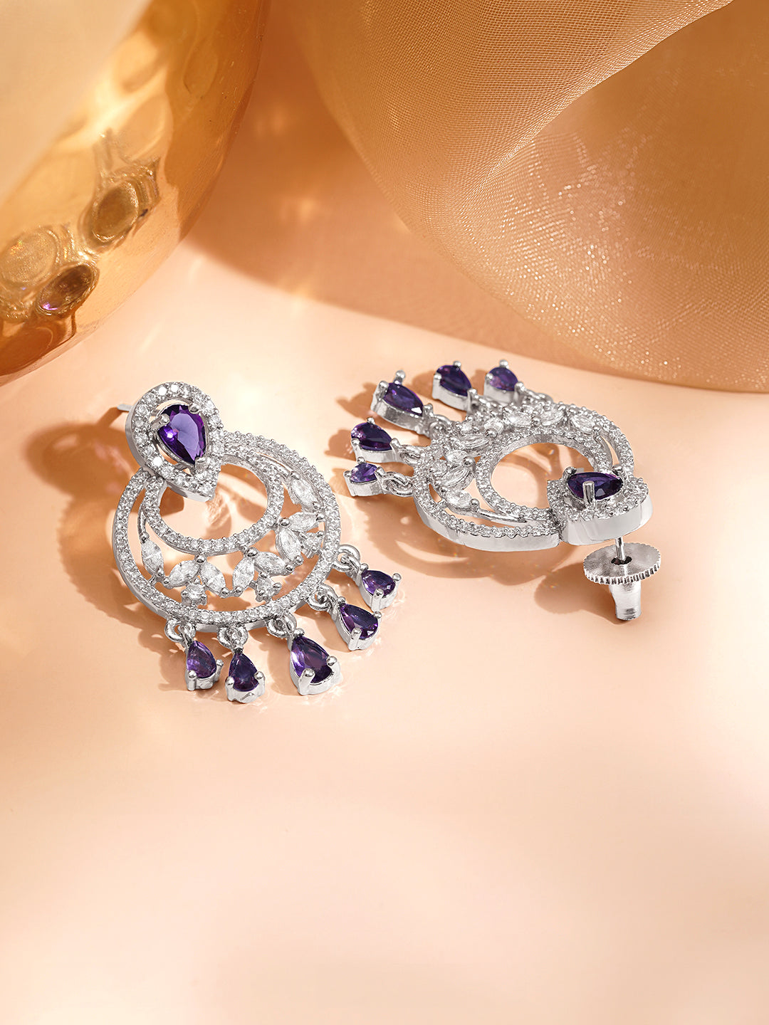 Purple Sparkle Silver CZ Chandelier Earrings フリーサイズ