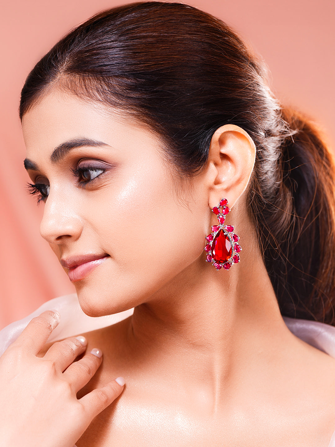 Ruby Red Drama Statement Drop Earrings Length - 5.1 cm