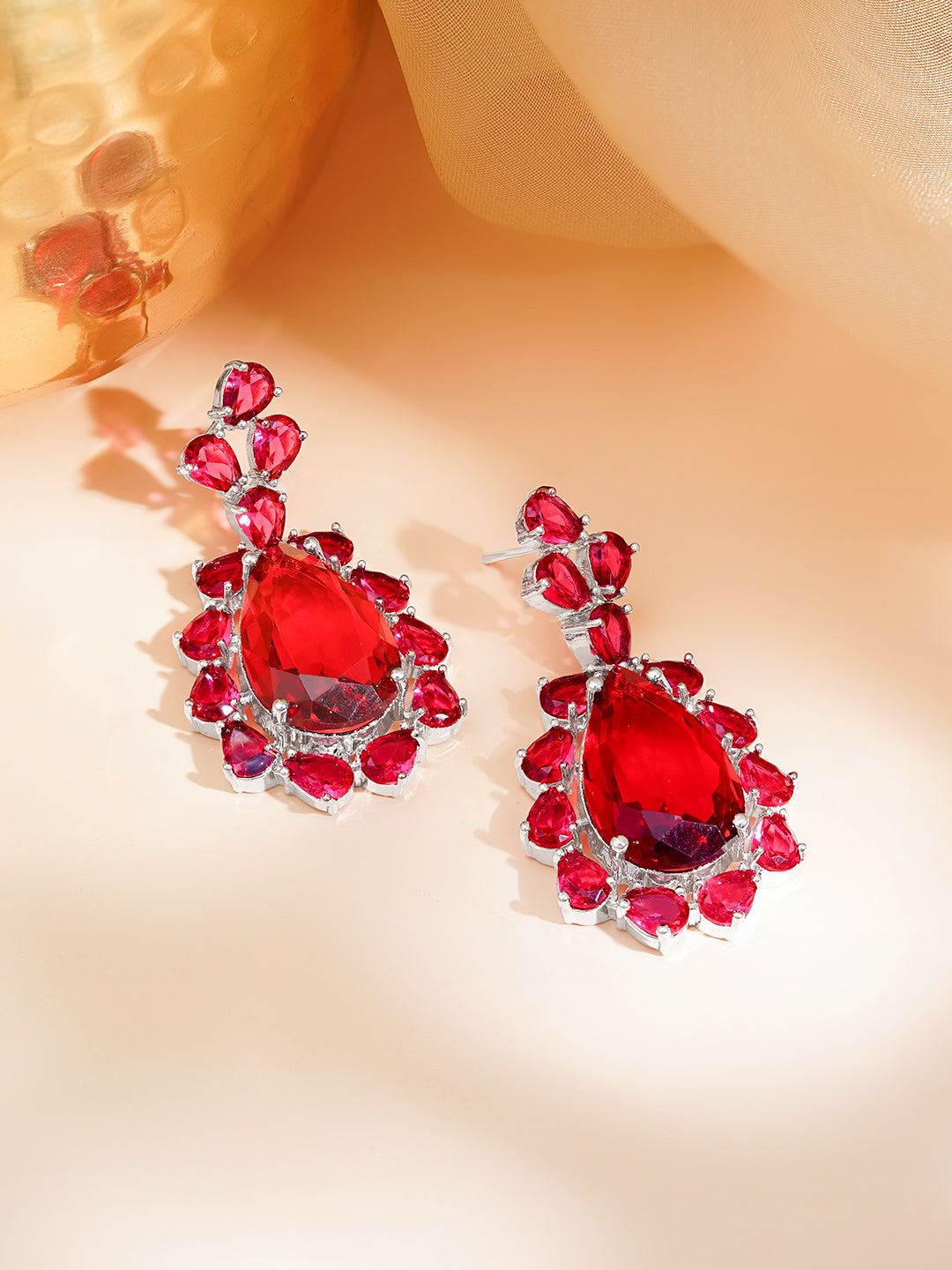 Ruby Red Drama Statement Drop Earrings Length - 5.1 cm