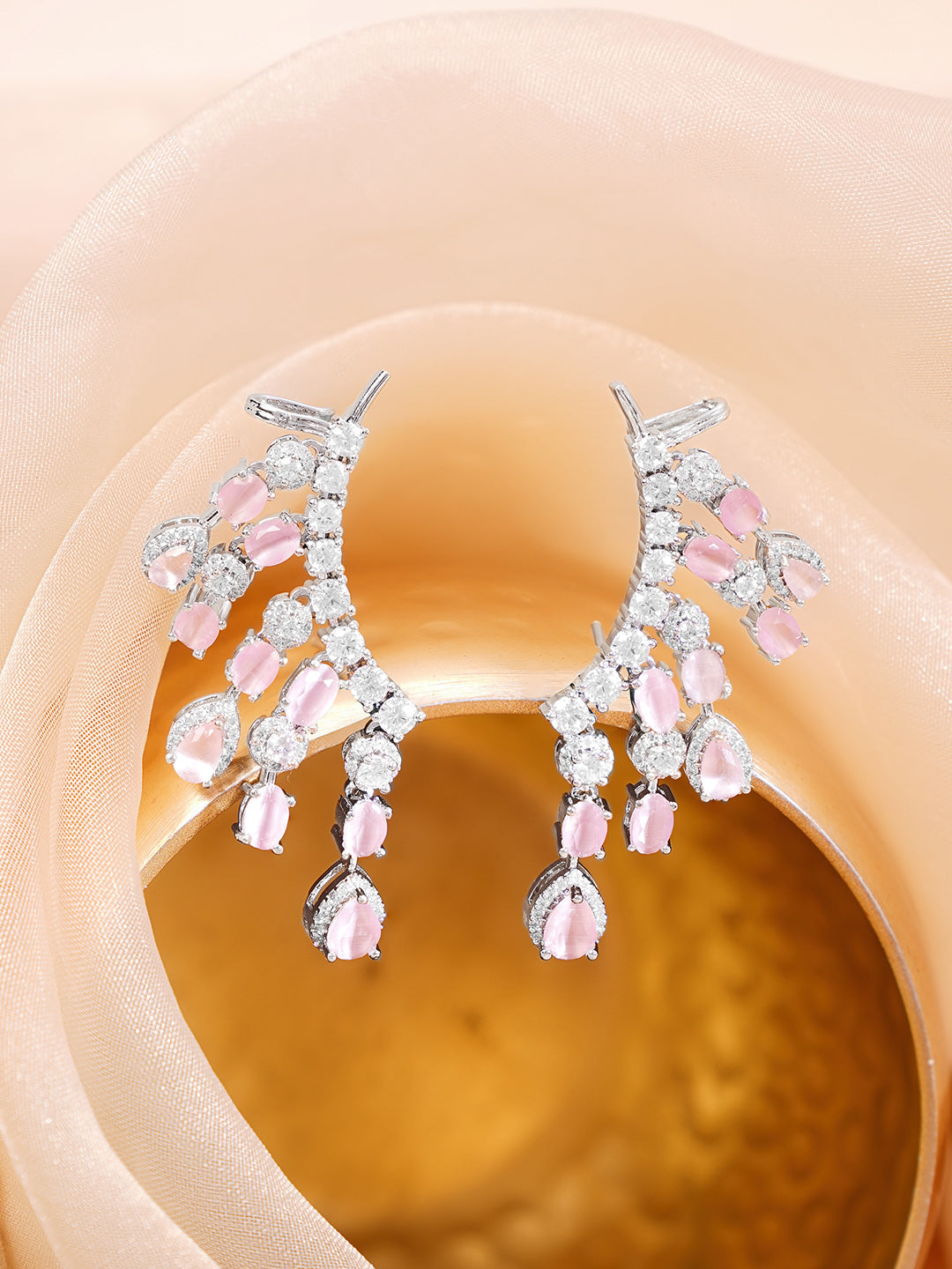 【Rubans】 Rhodium Plated Teardrop American Diamond Zirconia Pink Ear Cuffs｜ロジウムメッキ ティアドロップ アメリカンダイヤモンド ピンク イヤカフ