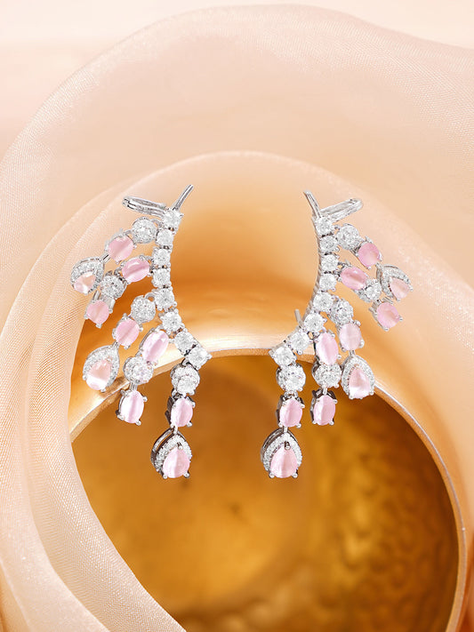 【Rubans】 Rhodium Plated Teardrop American Diamond Zirconia Pink Ear Cuffs｜ロジウムメッキ ティアドロップ アメリカンダイヤモンド ピンク イヤカフ