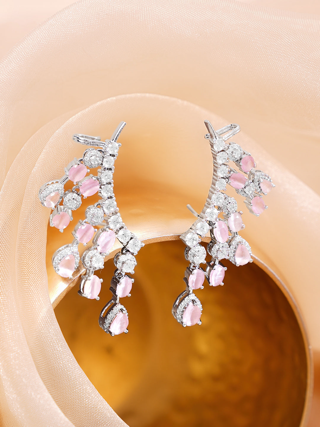 【Rubans】 Rhodium Plated Teardrop American Diamond Zirconia Pink Ear Cuffs｜ロジウムメッキ ティアドロップ アメリカンダイヤモンド ピンク イヤカフ